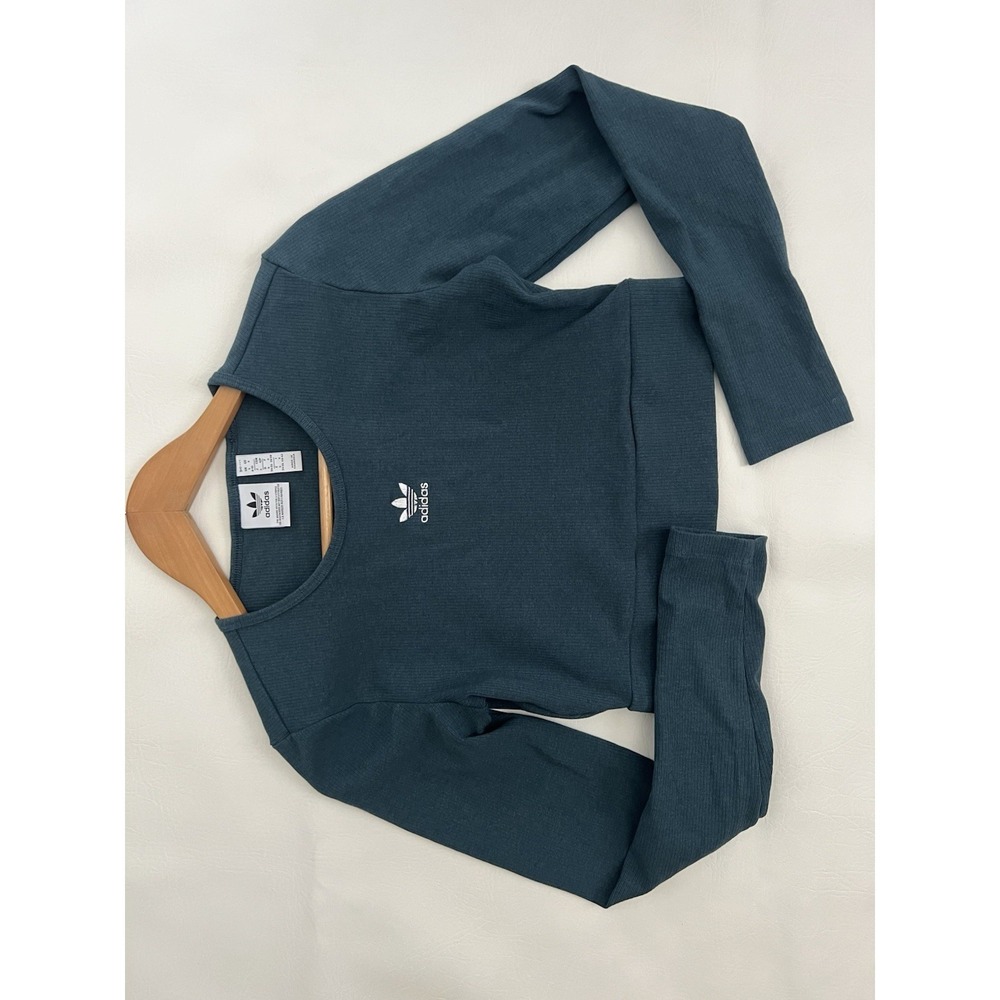 Adidas Ribbed Long Sleeve T-Shirt Teal Green Cropped Athleisure Sporty Casual - Picture 7 of 11
